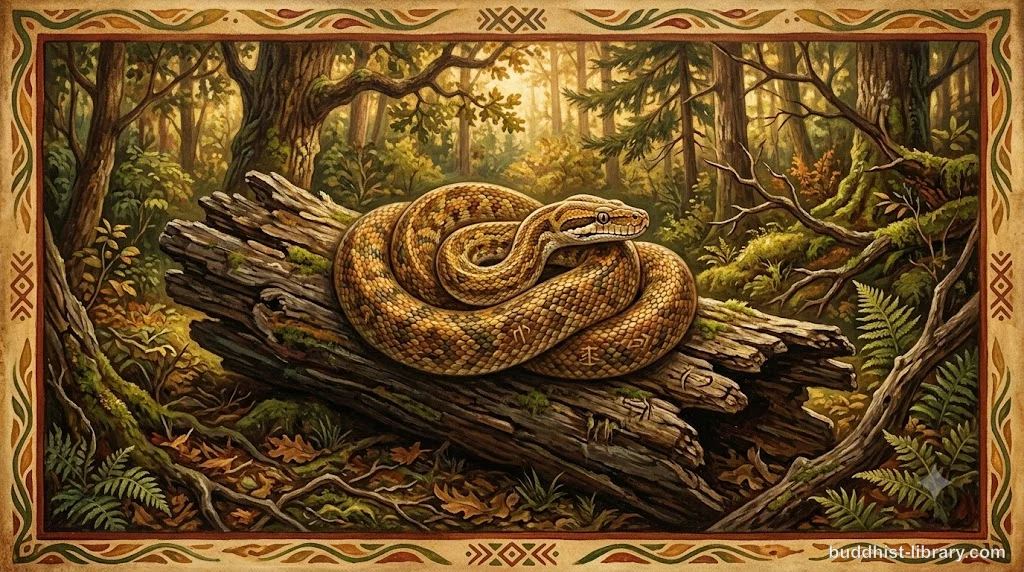 A snake coiled on weathered wood, symbolizing the danger of mishandling the Dharma—traditional Buddhist art style