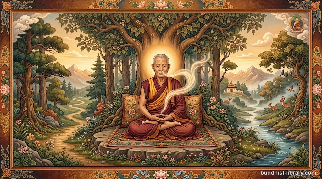 Serene meditation scene with breath visualization in traditional Buddhist art style