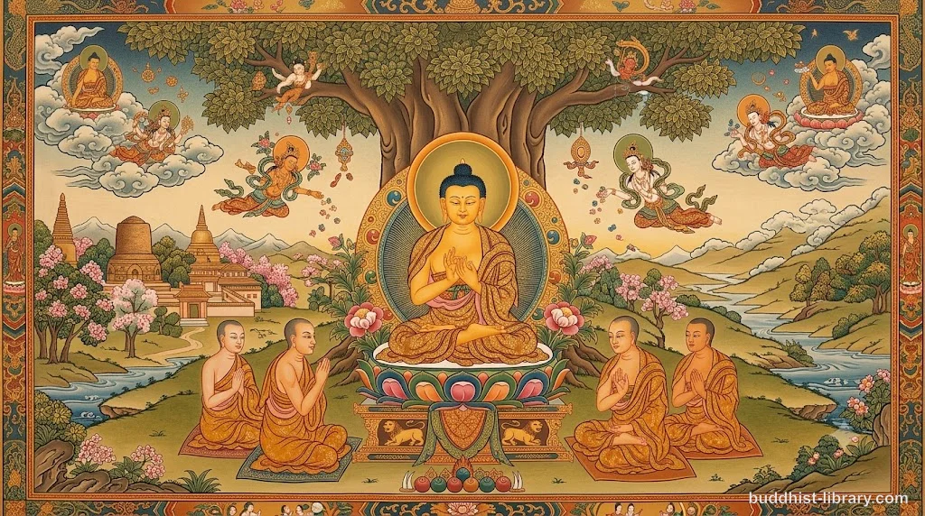 Ancient Buddhist manuscript depicting the Buddha teaching the five monks about the nature of non-self