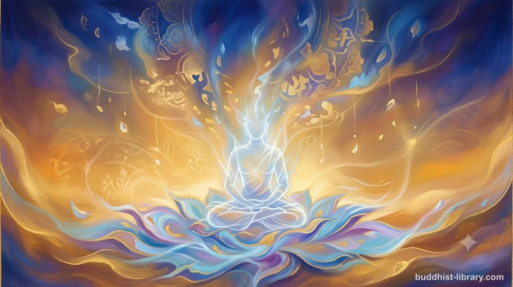 Abstract meditation scene showing dissolving mental forms and boundless awareness in traditional spiritual art style