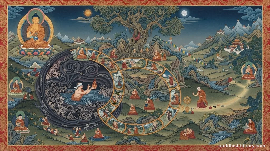 Symbolic representation of darkness gradually illuminated by light, depicting the dissolution of ignorance through wisdom