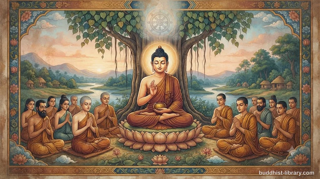 Serene meditation scene representing living fully in the present moment, traditional Buddhist art style