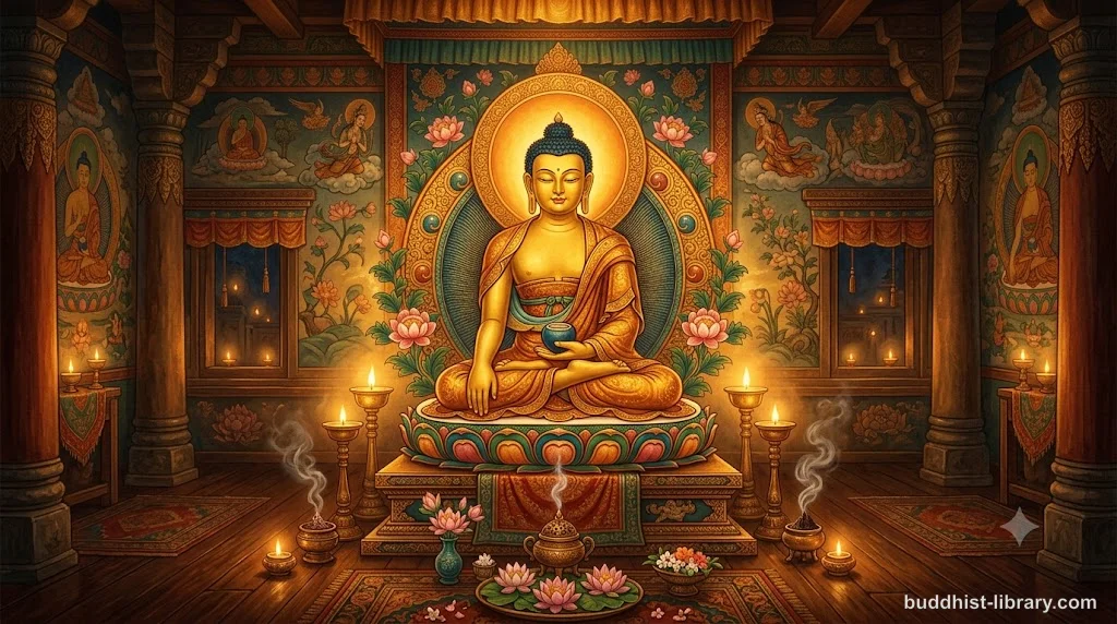 Golden Buddha statue in peaceful meditation surrounded by warm light representing the practice of Buddhānussati recollection