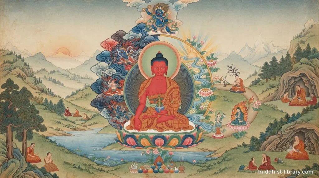 Calm monk meditating beside turbulent water, symbolizing peaceful awareness amid difficult emotions