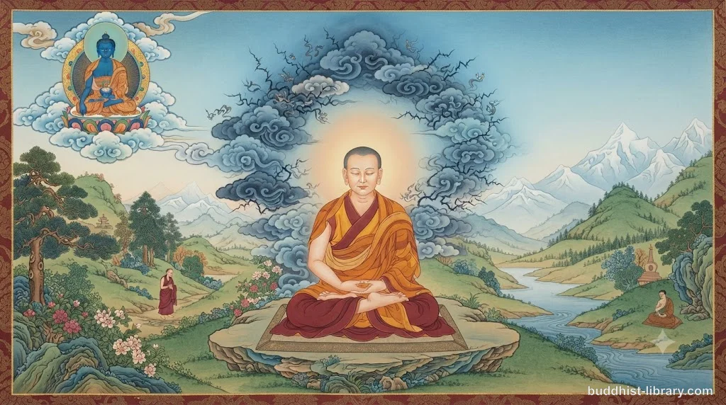 Peaceful meditation scene showing calm mind amidst turbulent thoughts, traditional spiritual art style, serene and contemplative atmosphere