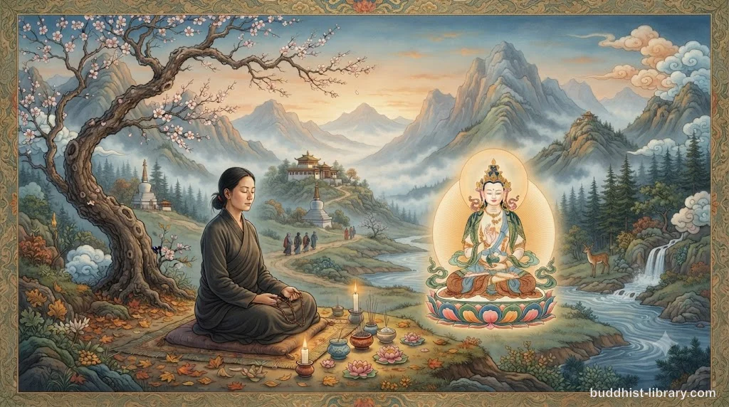 Peaceful Buddhist shrine with flowers and candles in soft morning light, symbolizing remembrance and letting go