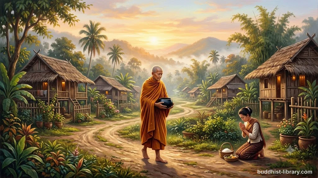 Buddhist monk walking on morning alms round at dawn, traditional spiritual art depicting daily monastic routine