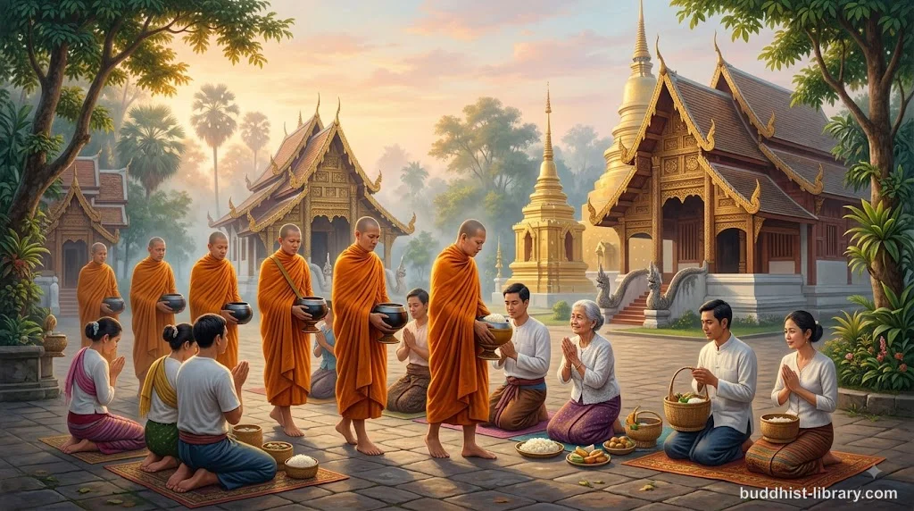 Traditional Buddhist offering scene showing monks receiving alms with devotion and gratitude
