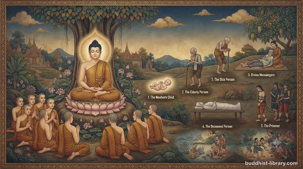 Traditional Buddhist art depicting the three divine messengers—an elderly person, a sick person, and a corpse—as reminders of life's fragility