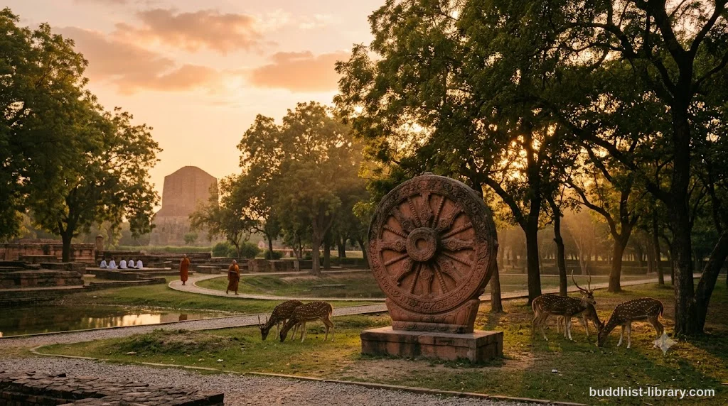 Ancient Buddhist wheel symbol at Deer Park Sarnath, depicting the setting of the Buddha's first sermon