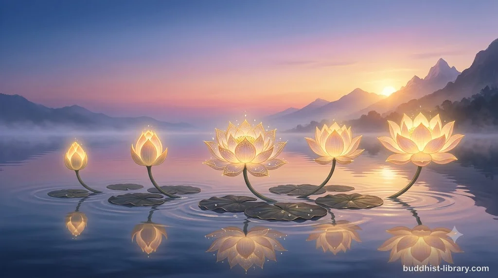 Five lotus flowers opening in sequence representing the five spiritual faculties of Buddhism