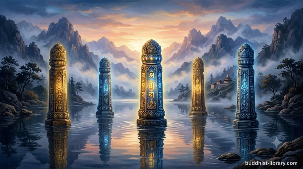 Five pillars of spiritual strength rising from still waters, representing the Buddhist powers of faith, energy, mindfulness, concentration, and wisdom