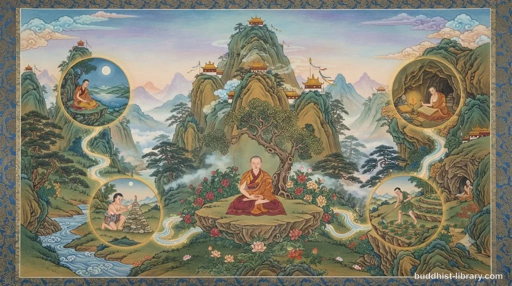 Four ascending pillars glowing with inner light against a serene mountain backdrop, representing the four bases of spiritual power