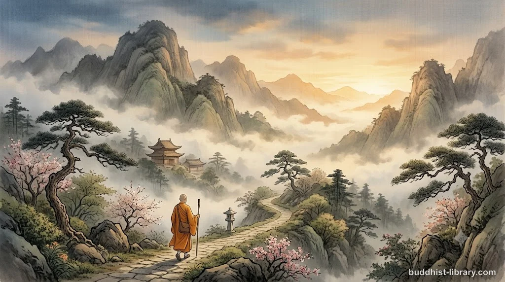 A quiet path through misty mountains at dawn, symbolizing the Buddhist path from suffering to liberation