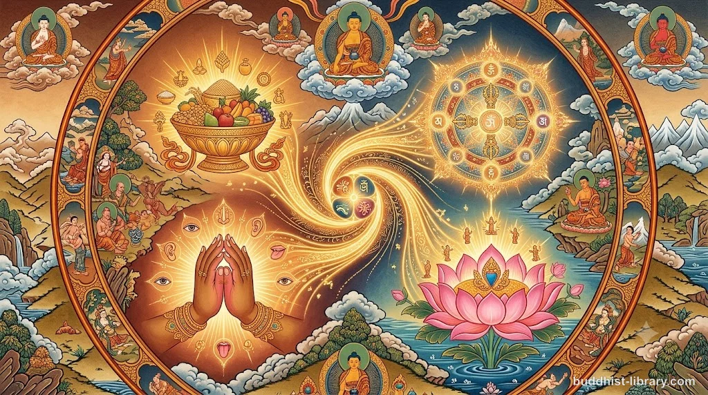 Traditional Buddhist art depicting the cycle of existence sustained by four types of nutriment, 16:9 aspect ratio