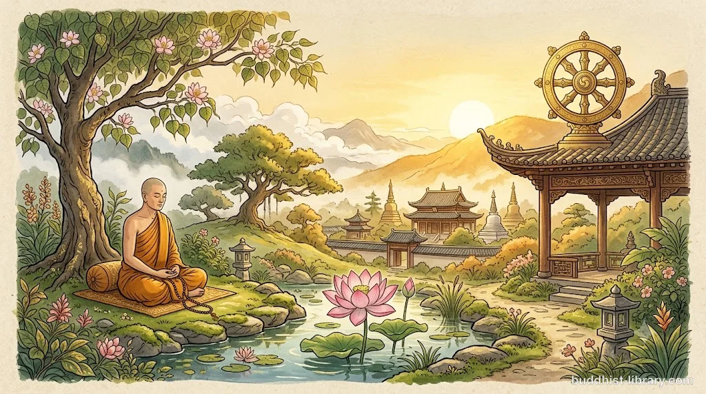 Four traditional Buddhist symbols representing protective meditation practices in serene spiritual art