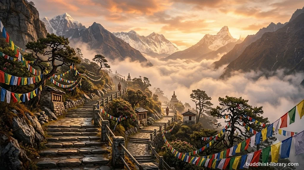 Traditional spiritual art depicting ascending steps on a mountain path, symbolizing the gradual training in Buddhism