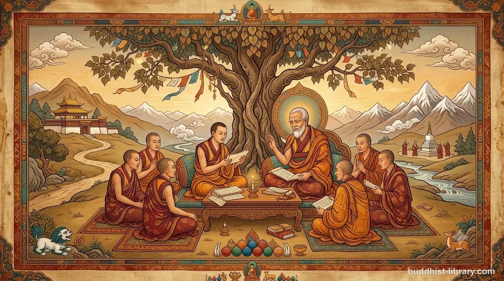 Ancient scroll surrounded by thoughtful seekers in discussion, representing the Kalama Sutta's emphasis on independent inquiry