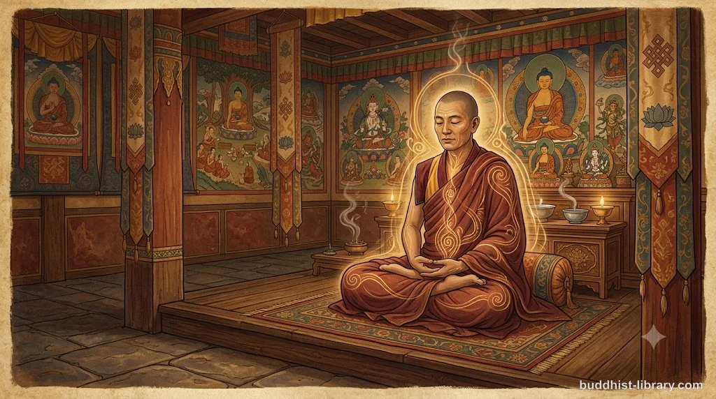 Serene meditator in lotus position with subtle body energy visualization, warm earth tones, traditional Buddhist art style