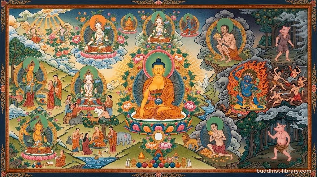 Traditional Buddhist art depicting the balance between wholesome and unwholesome mental states, with clear light and shadow symbolism