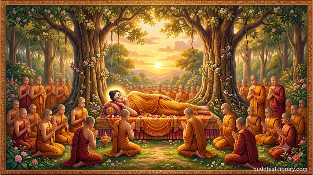 Traditional Buddhist art depicting the Buddha's final teaching and passing into Parinibbāna, with disciples gathered in reverence