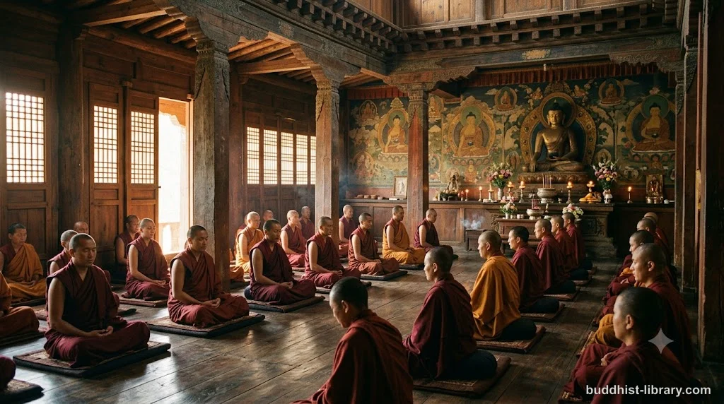 Ancient meditation hall with mindful practitioners in traditional spiritual art style