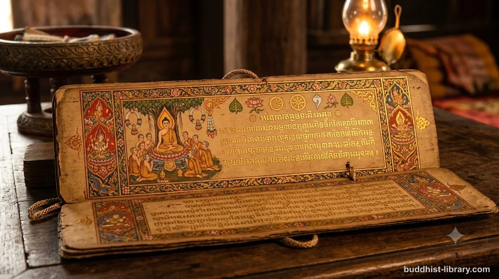 Traditional Buddhist manuscript with golden illuminations depicting blessings and virtuous conduct