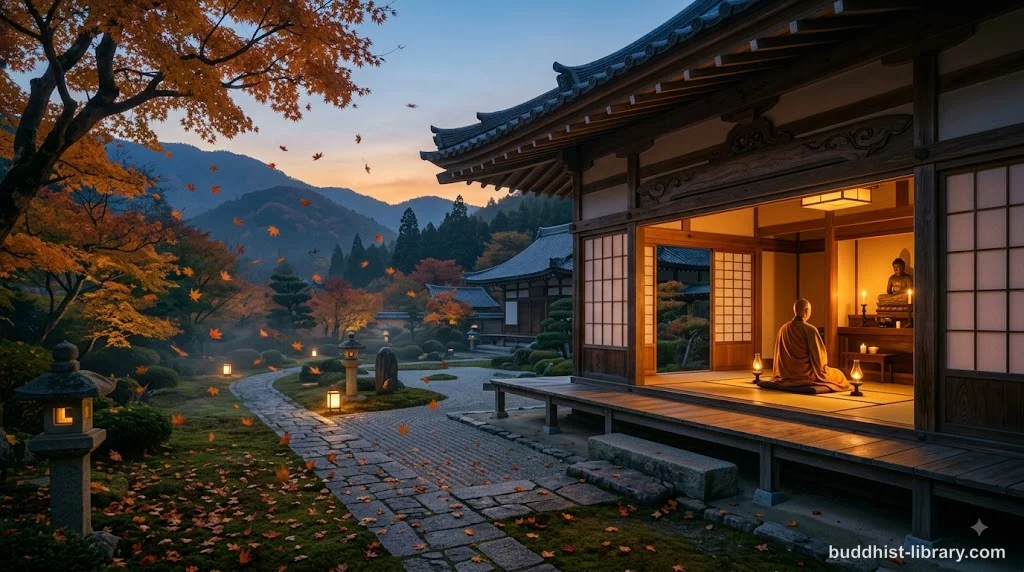 Peaceful meditation space with autumn leaves, symbolizing impermanence and mindful death awareness