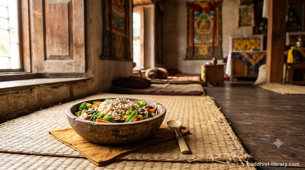 Simple meal bowl with mindful awareness, traditional Buddhist practice