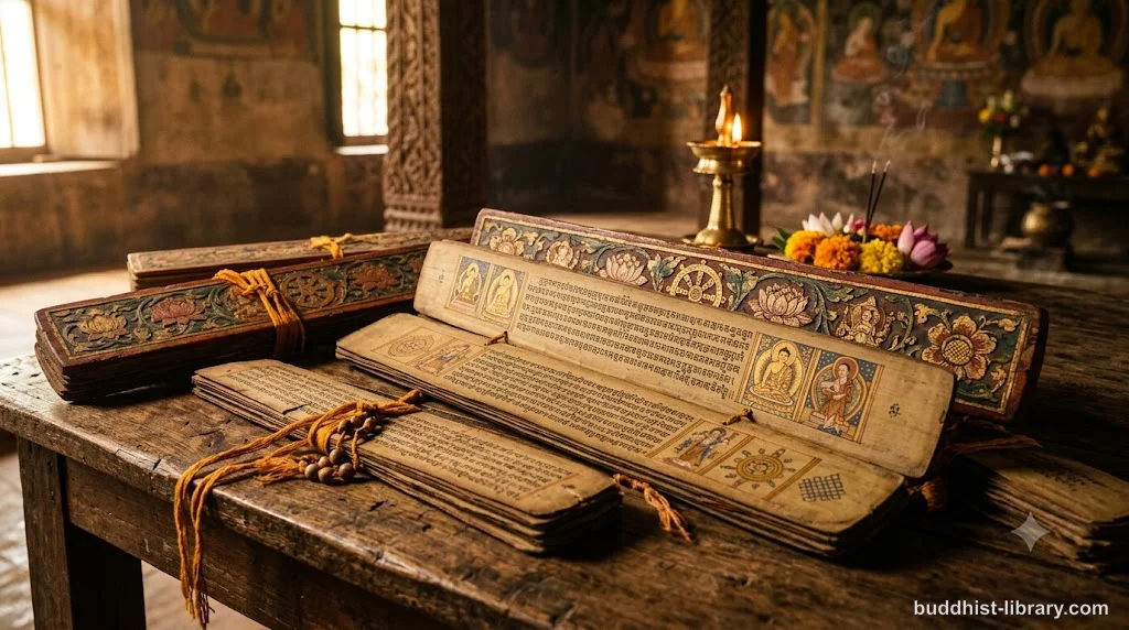 Ancient palm-leaf manuscripts representing the Pali Canon scripture collection