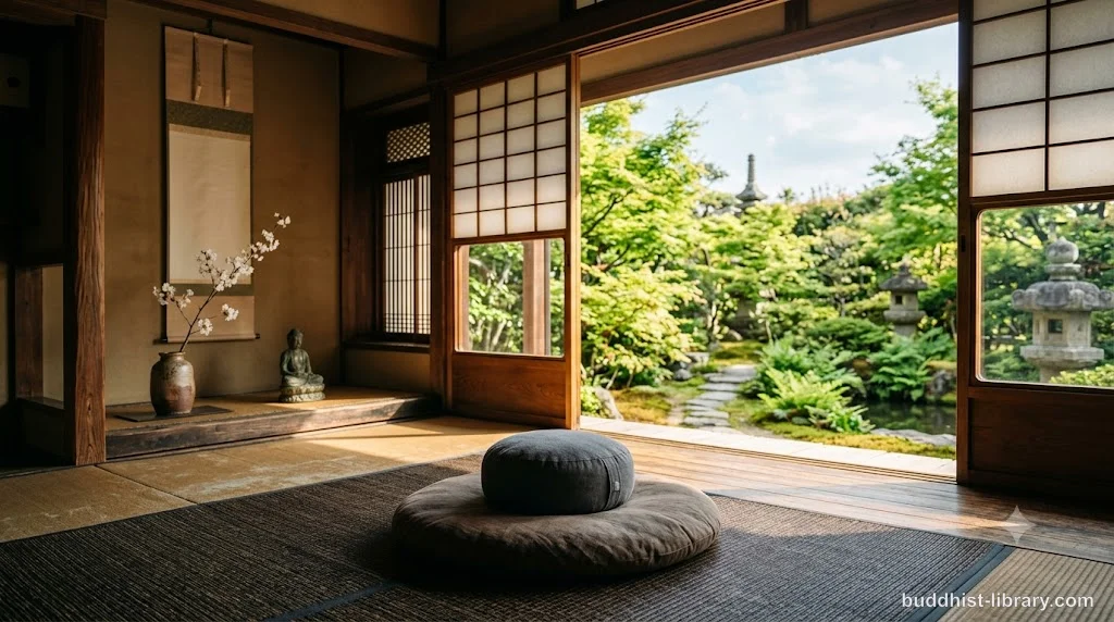 Peaceful meditation space with cushion in natural light, traditional Buddhist setting