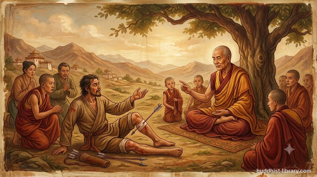 Ancient archer with a poisoned arrow, symbolizing the Buddha's parable about urgent spiritual practice over speculation