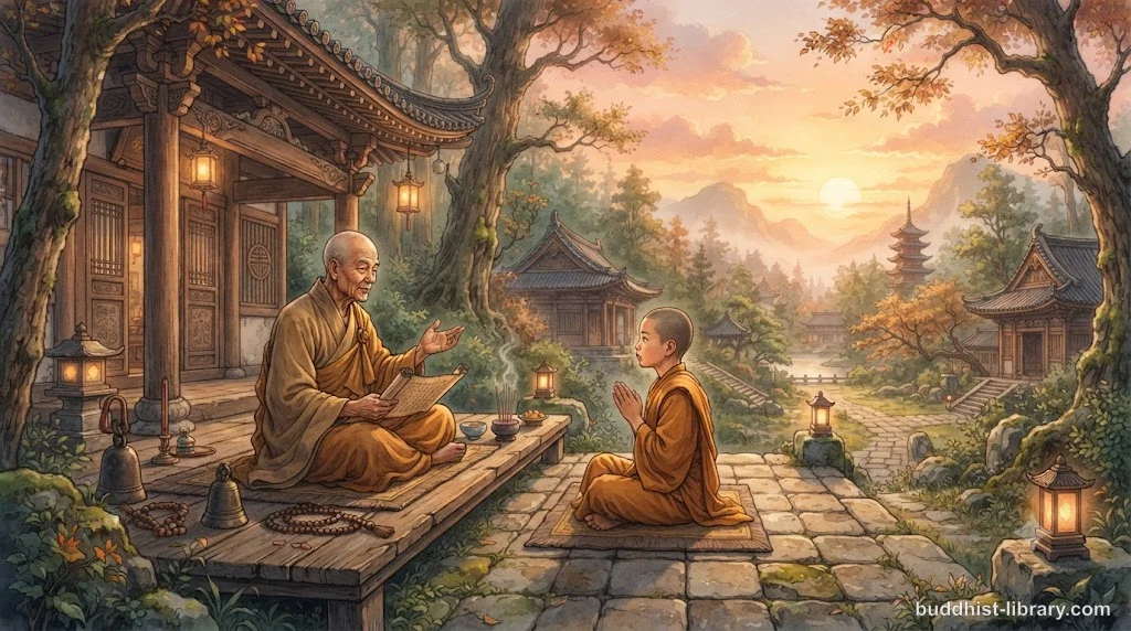 A young monk learning from an elder teacher in a peaceful forest monastery, traditional Buddhist art style, 16:9