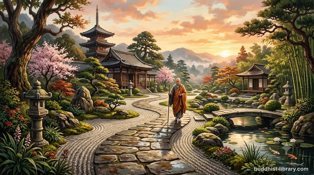 Peaceful Buddhist meditation garden with stone path symbolizing ethical conduct and right action