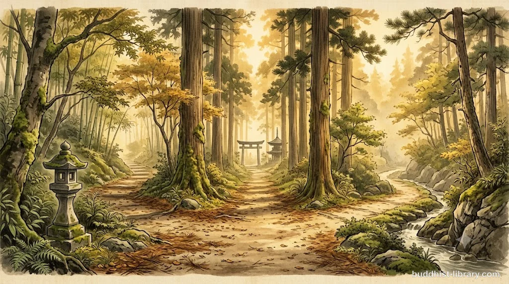 Serene forest path splitting into three clear directions under golden light, symbolizing the three aspects of Right Intention