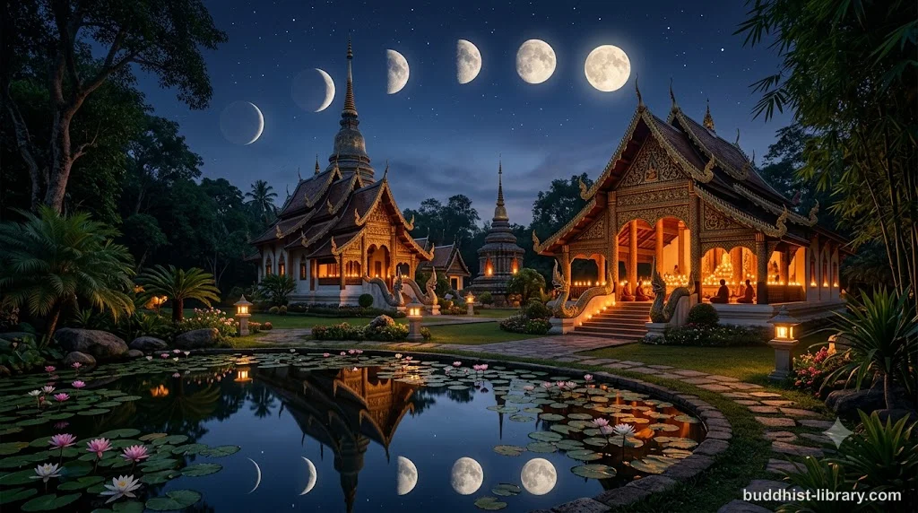 Moon phases over a Buddhist temple showing the traditional Uposatha observance calendar