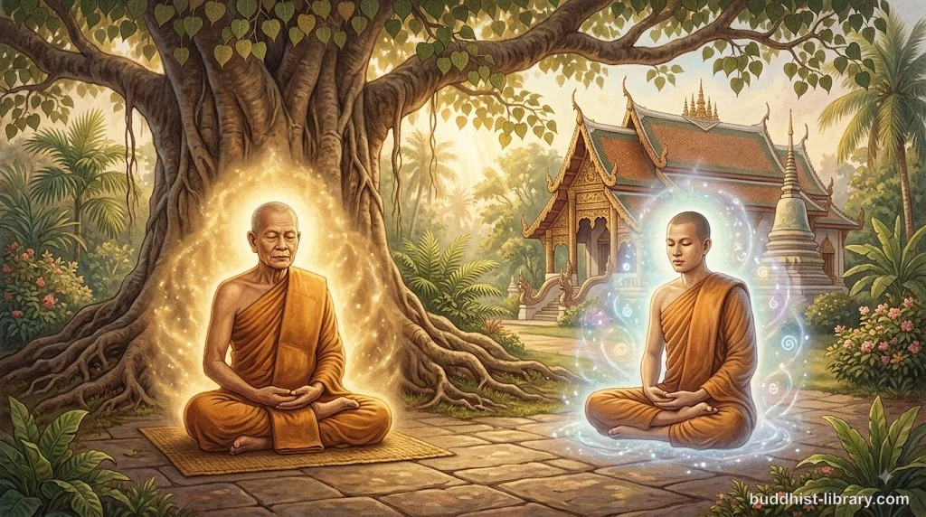 Tranquil meditator in serene natural setting representing both calm and insight meditation