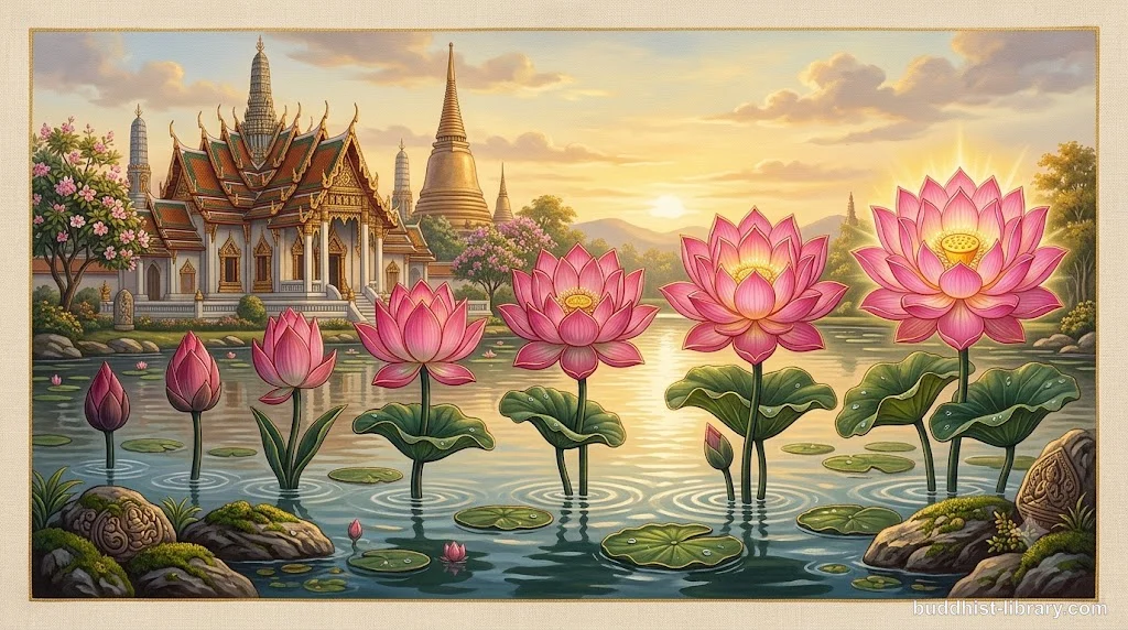Seven lotus flowers blooming in sequence from bud to full bloom, representing the progressive development of the seven factors of enlightenment