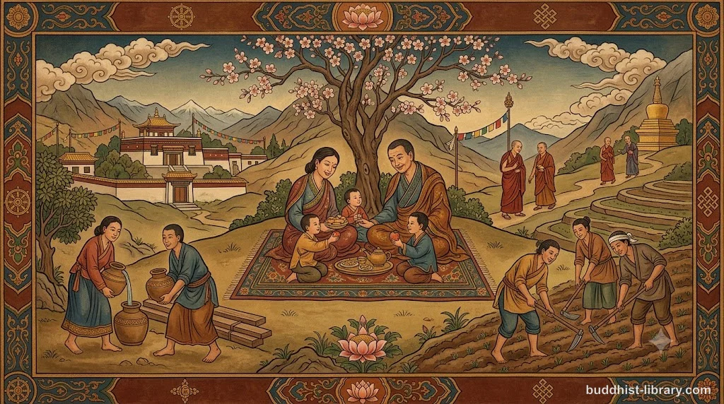 Traditional Buddhist art depicting harmonious relationships between family members, friends, and community in daily life