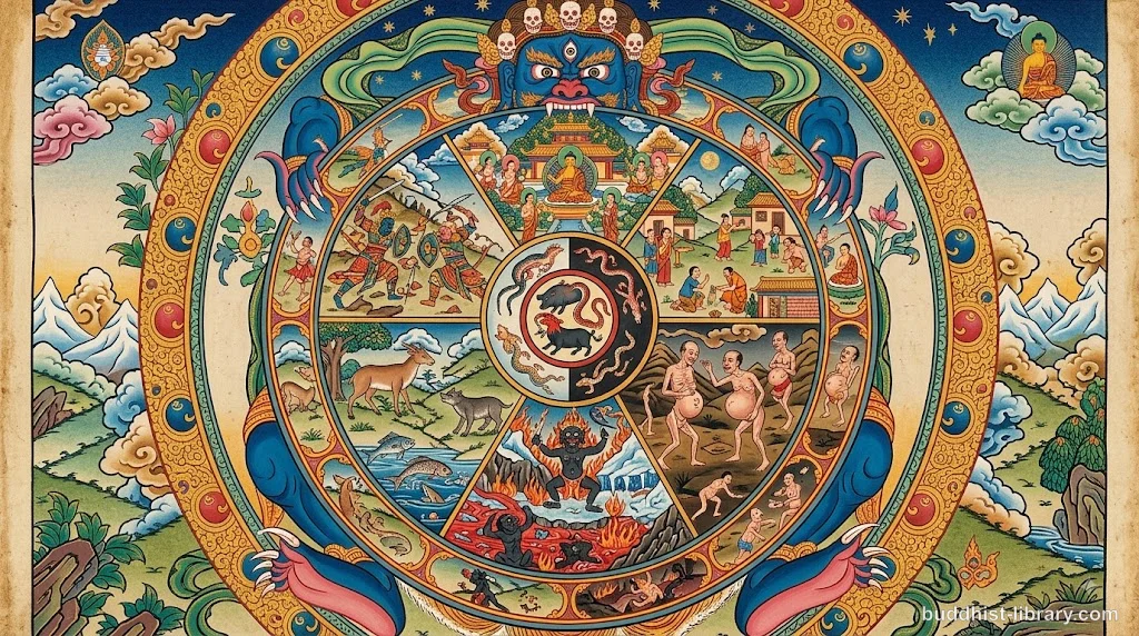 The wheel of existence showing the six realms of Buddhist cosmology with beings moving through cycles of rebirth