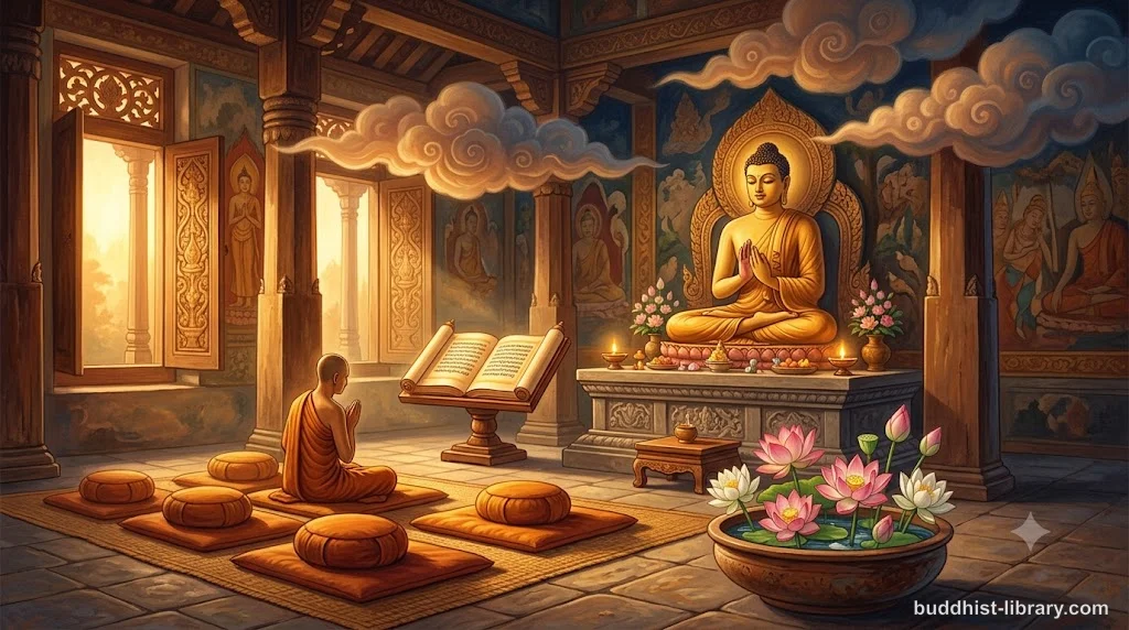 Serene Buddhist meditation scene with soft golden light representing the Six Recollections practice
