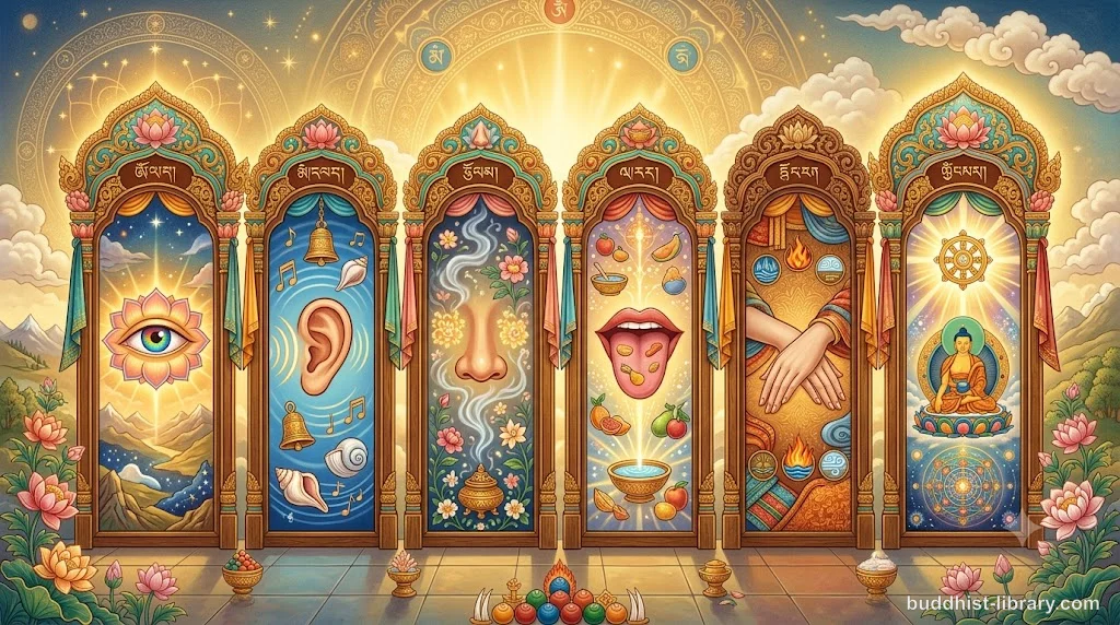 Six doors opening to perception — traditional Buddhist art depicting the eye, ear, nose, tongue, body, and mind as gateways to experience