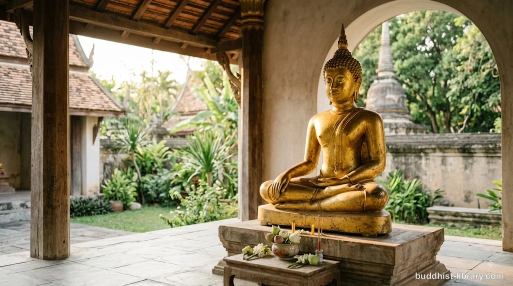 Serene golden Buddha statue in meditation, symbolizing the Tathāgata concept