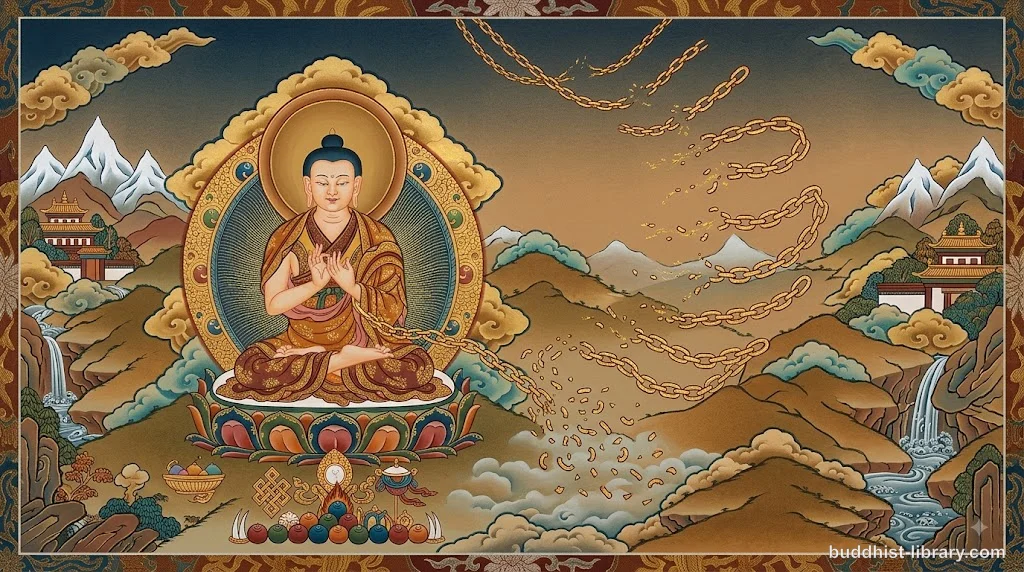 Ten chains breaking one by one as a meditator progresses toward liberation, traditional Buddhist art style