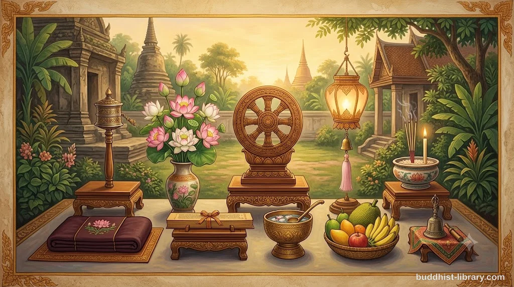 Traditional Buddhist art depicting the ten perfections as symbolic offerings