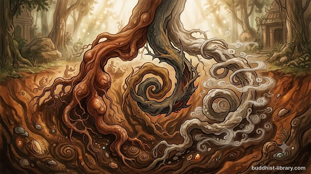 Three intertwined roots representing greed, hatred, and delusion in traditional Buddhist art style