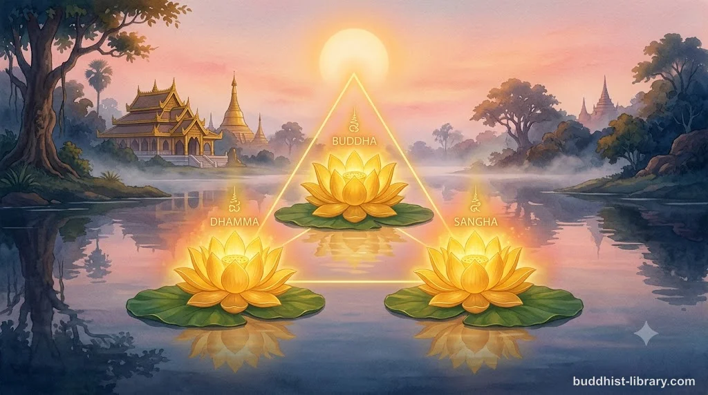 Three golden lotus flowers representing the Buddha, Dhamma, and Sangha — the Three Refuges in Buddhism