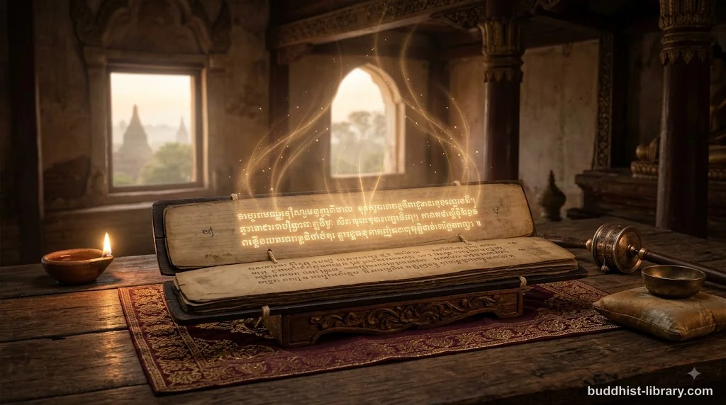 Golden light radiating from an open ancient Buddhist text, symbolizing the Buddha's inspired utterances