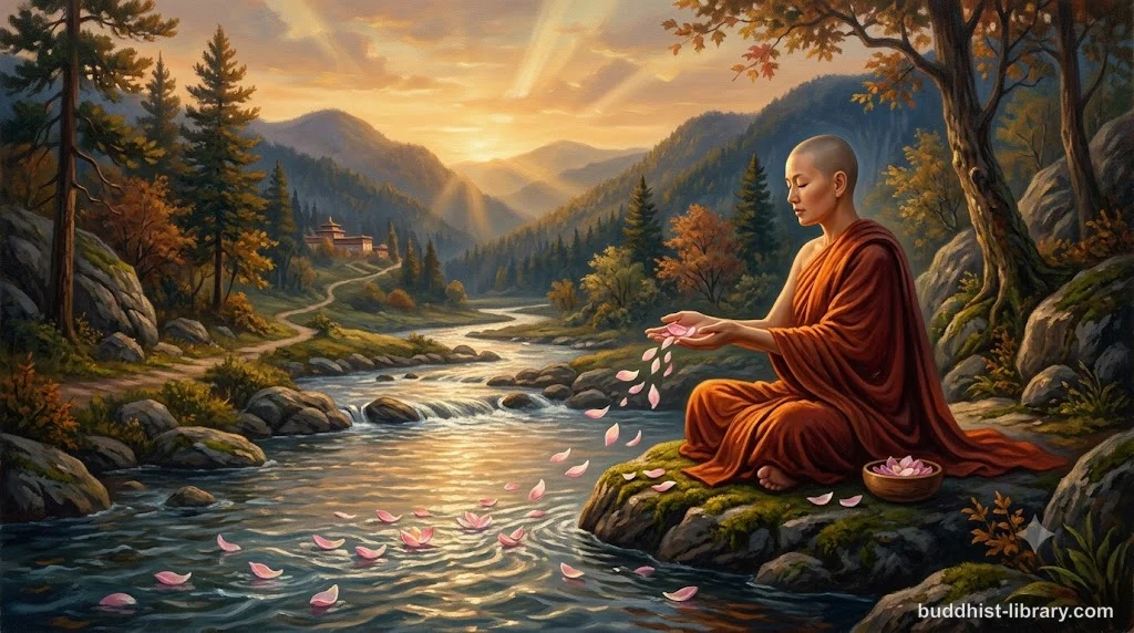 Traditional Buddhist art depicting the letting go of attachments, with symbolic representations of the four types of clinging dissolving into light