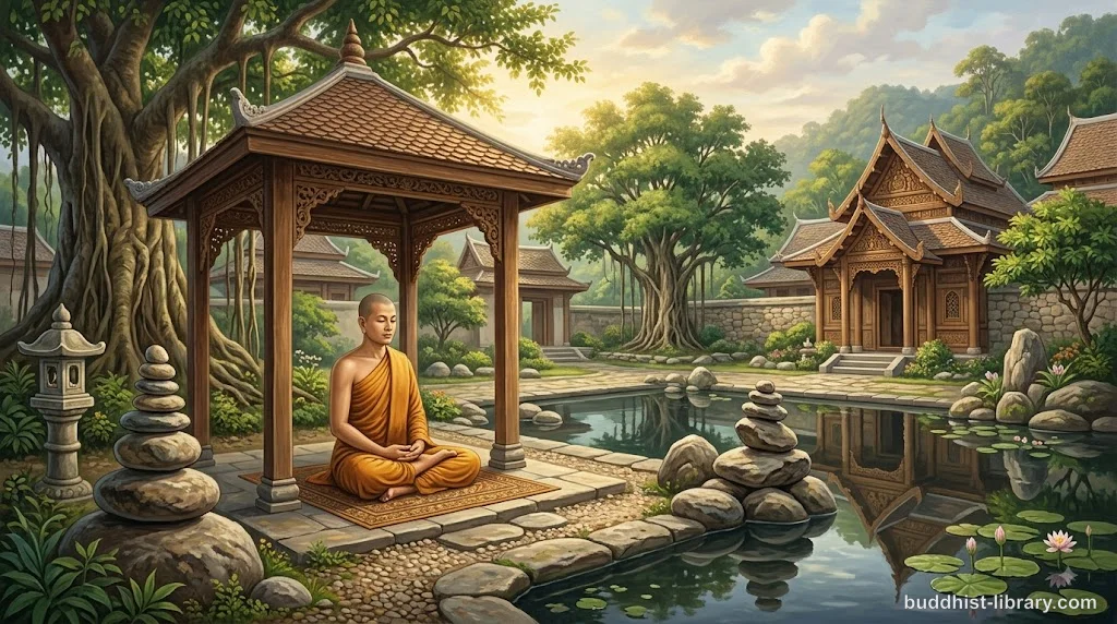 Serene Buddhist meditation scene depicting balance and equanimity with traditional spiritual art in peaceful tones
